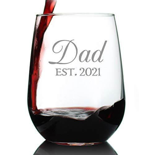 Dad Est 2021 - New Father Stemless Wine Glass Gift for First Time Parents - Decorative Large 17 Oz Glasses