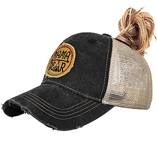 RNFENQS Women's Mama Bear Ponytail Hat Adjustable Distressed Baseball Cap Messy High Bun Trucker Cap RNFENQS Women's Mama Bear Ponytail Hat Adjustable Distressed Baseball Cap Messy High Bun Trucker Cap