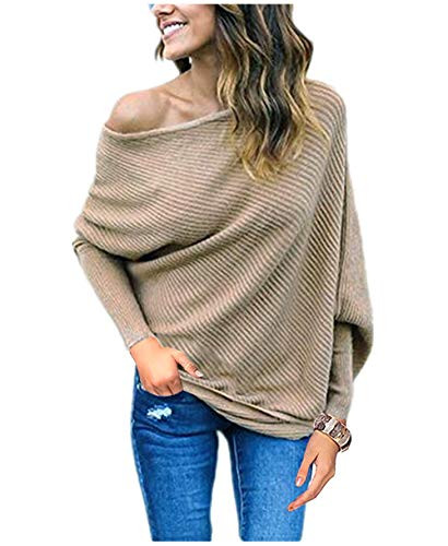GOLDSTITCH Women's Off Shoulder Batwing Sleeve Loose Pullover Sweater Knit Jumper Khaki