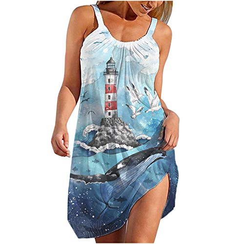TooGIVE Women's Sexy Sleeveless Beach Dress Lonely Lighthouse Print Dress Summer Loose O-Neck Skirt Blue TooGIVE Women's Sexy Sleeveless Beach Dress Lonely Lighthouse Print Dress Summer Loose O-Neck Skirt Blue