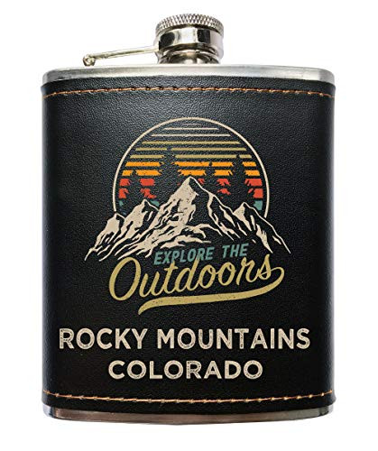 Rocky Mountains Colorado Explore the Outdoors Souvenir Black Leather Wrapped Stainless Steel 7 oz Flask