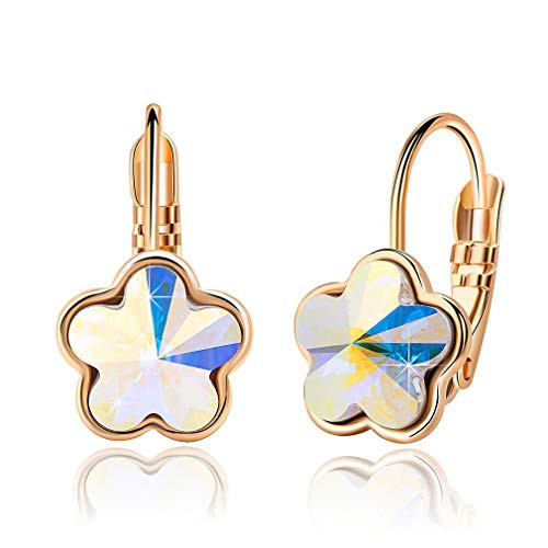 Swarovski Crystal Flower Leverback Drop Earrings for Women 14K Rose Gold Plated Hypoallergenic Jewelry -Aurora Borealis-