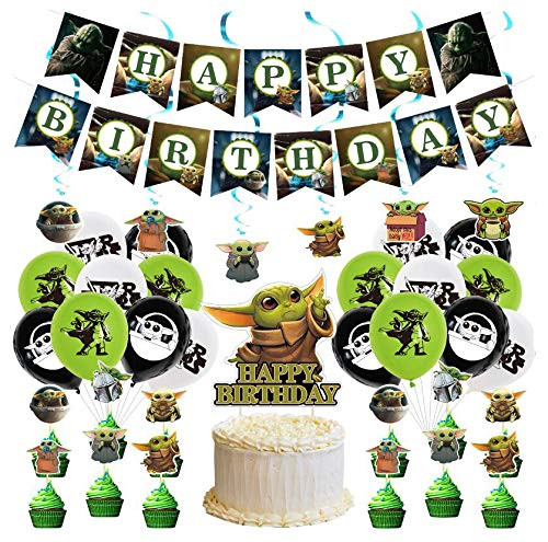 Space Wars Yoda birthday Party Supplies Baby yoda birthday Party Decorations Include Cake TopperCupcake Toppers Banner Balloons Swirls Decorations