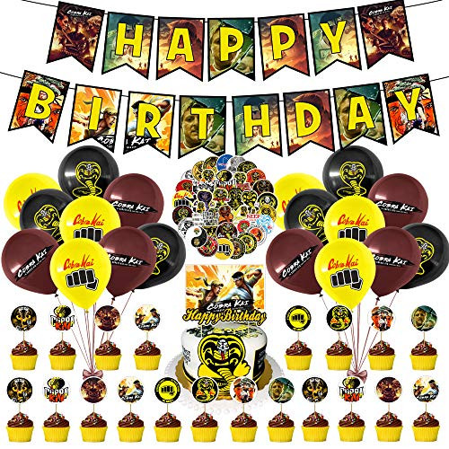 100 Pcs Cobra Kai Party Decorations TV Show Cobra Kai Party Favor Supplies Includes Happy Birthday Banner Balloons Cake Topper Cupcake Topper Stickers for Boys Kids Teens Theme Birthday Parties