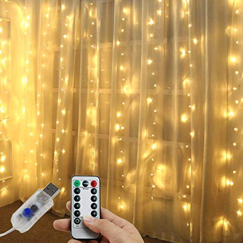 Curtain Lights, USB Powered Fairy Lights String, 8 Modes Twinkle Lights for Parties, Bedroom Wedding,Valentines' Day Wall Decorations (300 LEDs,9.8x9.8Ft, Warm White)