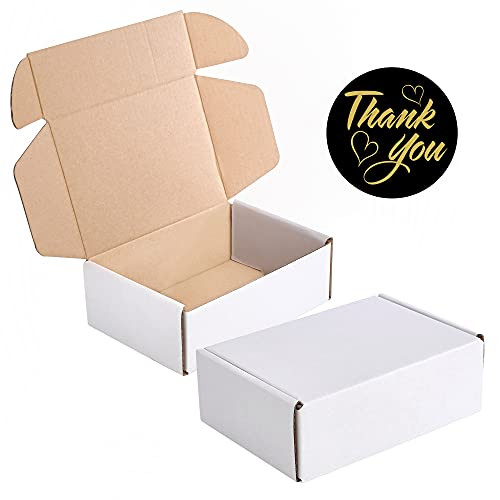 MUKOSEL 6x6x2 Inches White Shipping Boxes 25 Piece Recyclable Kraft Corrugated Cardboard Boxes Literature Mailer for Mailing Packing with 2 Inch Thank You Stickers