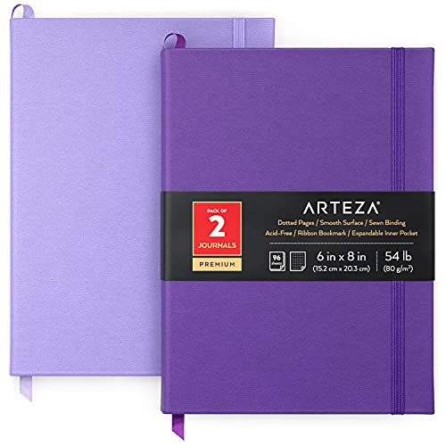 Arteza Bullet Journal Notebooks Pack of 2 6 x 8 inch 96 Sheets Lavender and Purple Hardcover Notepads with Smooth Dotted Paper for Writing Journaling