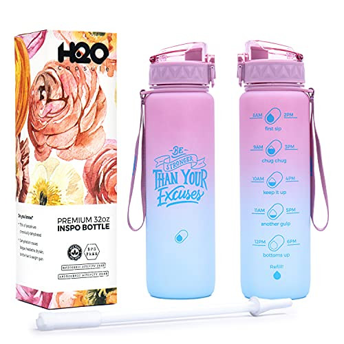 H2O Capsule INSPO 32 Oz -Water Bottle with Time Marker and Removable Straw Motivational Water Tracker Bottle for Daily Intake. BPA Free 32 oz Water Bottle for Gym Office or school in Rainy Ashville