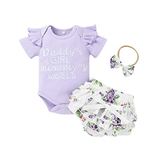 Newborn Baby Girl Outfits Infant Romper Ruffle Onesies Floral Pants Headband Cute Romper Clothes Set Summer Outfits -Light Purple 0-3 Months-