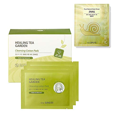 -THESAEM- Healing Tea Garden Cleansing Cotton Pad 30 Sheets  plus Pure Natural Mask Sheet -Snail- 1P - One-step Deep Cleansing AHA  and  Natural Ingredients Mild Cleanser Cleansing Wipes K Beauty