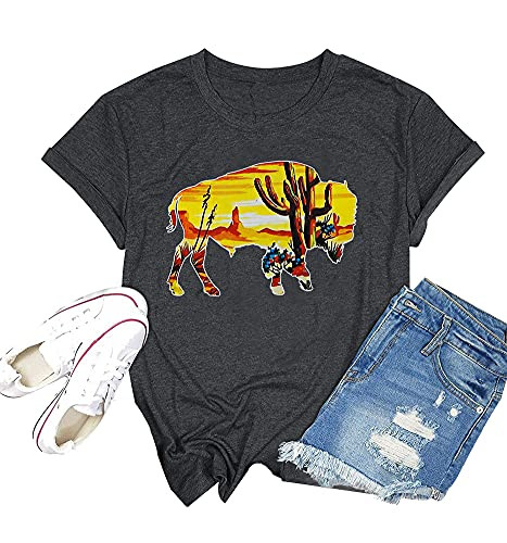 Western Buffalo Cactus Graphic Tees for Women Vintage Cow Sunshine T-Shirts Casual Tops -S 2 Dark Gray 2-