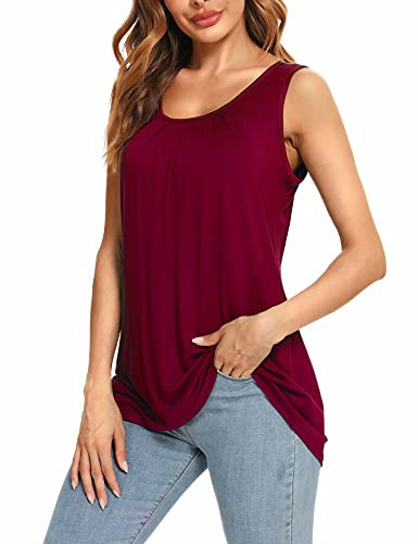Womens Tank Tops Round Neck Sleeveless Shirts Trendy Pleated Front Summer Casual Solid Blouses Wine Red L