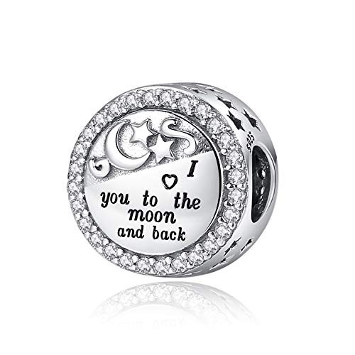 Linorui 925 Sterling Silver Charms Fit Pandora Charms Bracelet I Love You to The Moon and Back Fit Wife Daughter Mom Christmas Birthday Gift