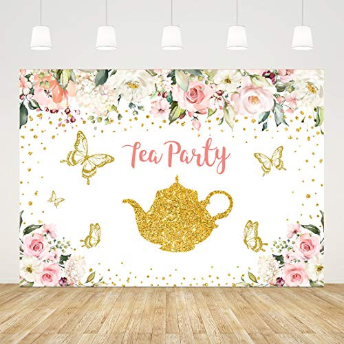 Ticuenicoa 7x5ft Let's Partea Backdrop for Photography Pink and Gold Floral Tea Party Picture Background Afternoon Tea Photography Banner Baby Shower Party Decorations Kids Birthday Party Supplies