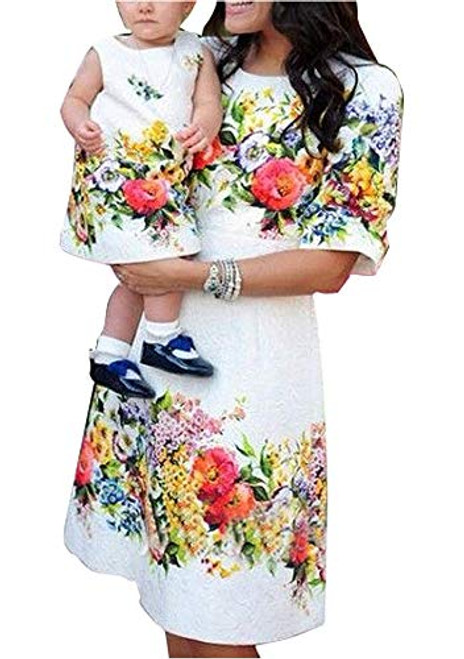 OMZIN Mommy and Me Matching Dress Summer Floral Jersey Dresses White Flower 6-7 OMZIN Mommy and Me Matching Dress Summer Floral Jersey Dresses White Flower 6-7