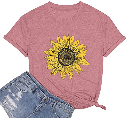 Sunflower Graphic Tee T Shirt for Women Short Sleeve Summer Graphic Casual Shirts Tee Top Pink