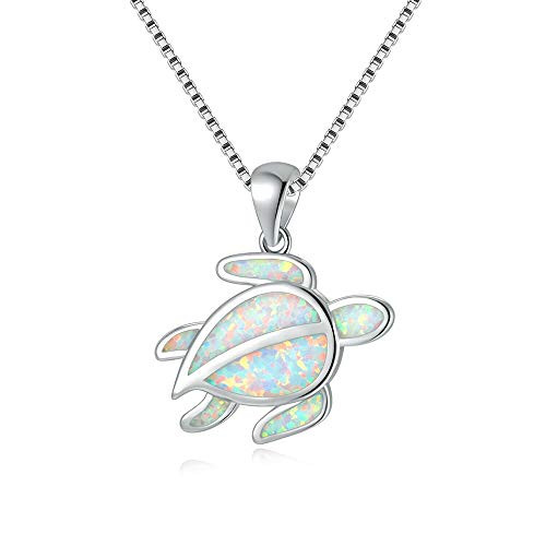 CiNily White Fire Opal Necklace Turtle Pendant Necklace for Women Girls 14K White Gold Plated Sea Animal Pendant Ocean Necklace
