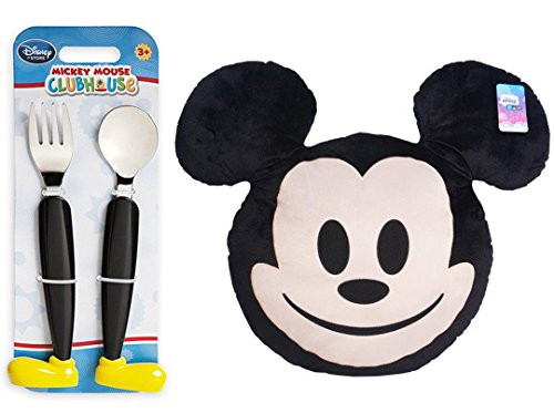 Mickey Mouse Mega Plush Pillow Disney Character Emoji Head & Clubhouse Fork & Spoon Flatware Fun Mealtime Magic set