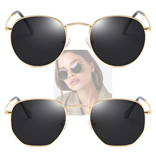 Hexagon Round Polarized Sunglasses for Women Men UV Protection Trendy Circle Hexagonal Sunglasses 2Pack BLACK Shades By Dollger