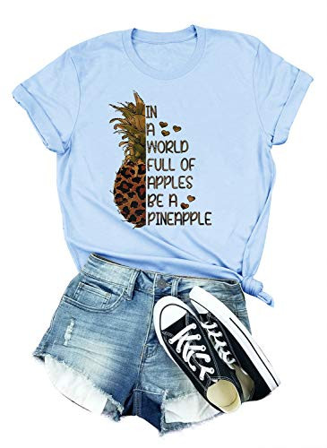 Full of Apples Be A Pineapple T-Shirt Women Fruit Graphic Funny Short Sleeve Tee Tops -Blue L-