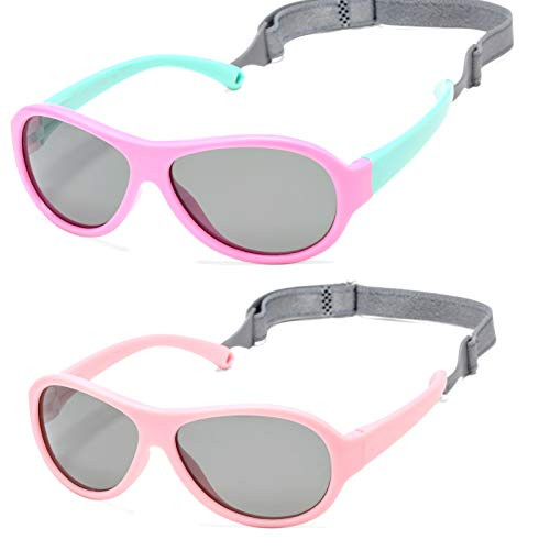 Baby Sunglasses 100 percent UV Protection with Adjustable Strap for Infant Toddler Girls  and  Boys Age 0-24 Months -2 Pack Pink Green-Gray  plus Pink-Gray-