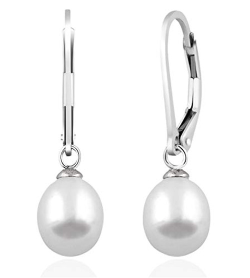 Splendid Pearls 925 Sterling Silver 8mm Genuine Pearls Freshwater Cultured Lever-back Dangling Earrings for Women -White-