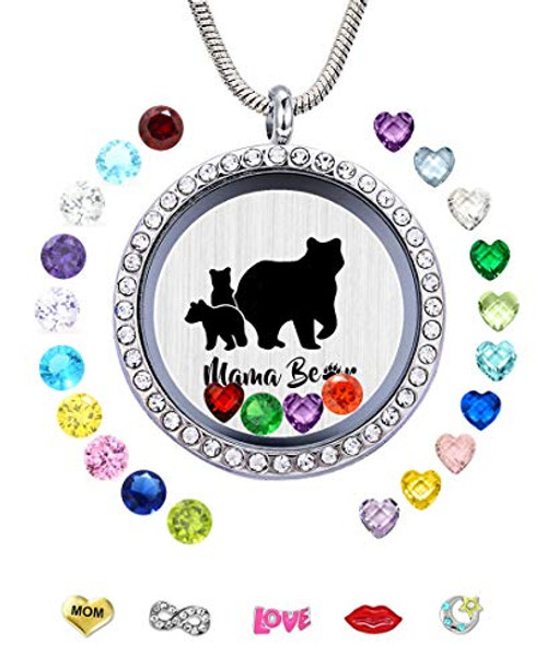 Mama Bear Necklace with 2 Cubs for Women Girls Floating Locket Pendant with 24 Birthstones and Charms for Mom Mother Mummy Momma Mama Bear Necklace with 2 Cubs for Women Girls Floating Locket Pendant with 24 Birthstones and Charms for Mom Mother Mummy Momma