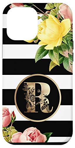 iPhone 12 Pro Max Initial R Monogram Vintage Roses On Black And White Stripes Case