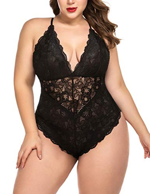 ELOVER Plus Size Lingerie Women Snap Crotch Bodysuit Lace Teddy ELOVER Plus Size Lingerie Women Snap Crotch Bodysuit Lace Teddy
