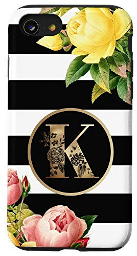 iPhone SE -2020- - 7 - 8 Initial K Monogram Vintage Roses On Black And White Stripes Case