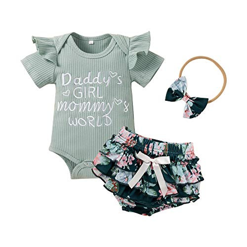 Newborn Baby Girl Short Outfits Infant Romper Ruffle Onesies Floral Pants Headband Cute Baby Girl Clothes Set -Green Floral 6-9 Months-