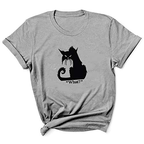 Meikosks Halloween T-Shirts Womens Cat Letter Print O-Neck Tops Plus Size Short Sleeve Blouses Gray