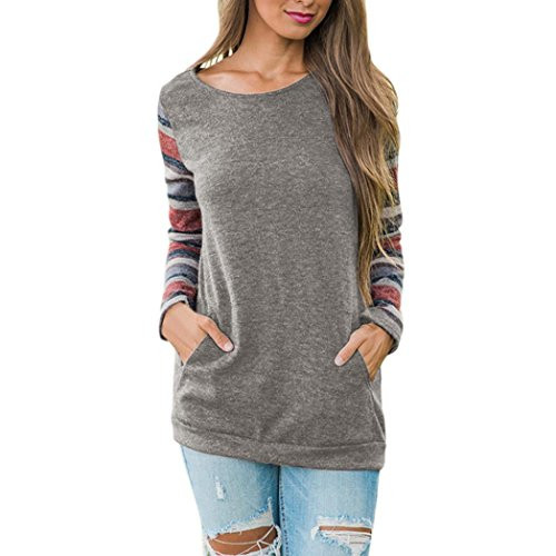 IEason Women Blouse Women O-Neck Long Sleeve Sweatshirt Pullover Pocket Tops Blouse Shirt -S Gray-