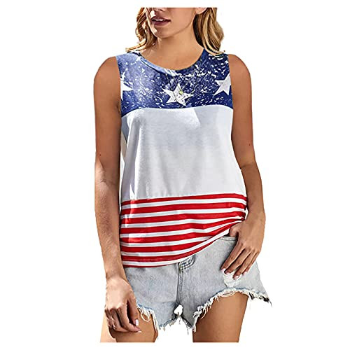 4th of July Sleeveless Tank Tops for Women Summer Casual Striped Colorblock O-Neck Loose Blouse Shirts