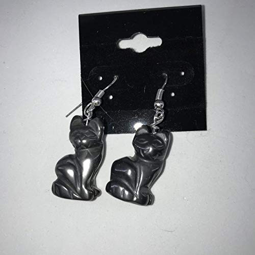 Natural Hematite Gemstone 3D Cat Sterling Silver Dangle Earrings