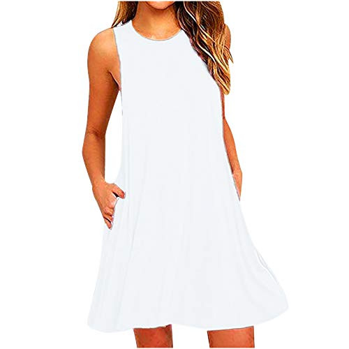 Lenago Women Casual Solid Color Dress Pockets Sleeveless O Neck Skirts Above Knee Dress -WhiteM- Lenago Women Casual Solid Color Dress Pockets Sleeveless O Neck Skirts Above Knee Dress -WhiteM-