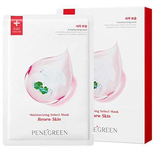 Sheet Facial Mask by PENEGREEN Face Mask Korean - Cica Revitalizing  and  Replenishing Formula for Damaged Skin Original K-Beauty Skin Care -Renew Skin- x 10 sheets