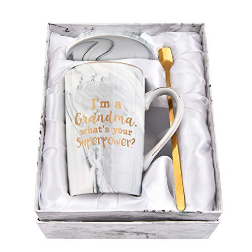 Grandma Coffee Mug I'm a Grandma What's Your SuperPower Best Grandma Mug Cup Funny Christmas Birthday Gift for Grandma Marble Coffee Mug with Box Coaster Spoon Gray 14 Oz