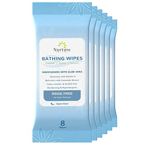 Rinse Free Bathing Wipes -6-Pack-  48 Microwavable Adult No Water Rinse Free Wash Cloths with Aloe Vera and Vitamin E - Cleansing Body Bath Wipes - Latex Lanolin and Alcohol Free - 6 Packs of 8 Wipes