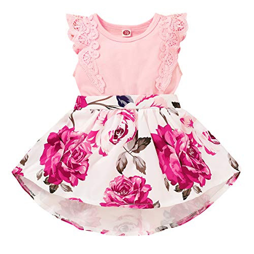 Newborn Infant Baby Girls Floral Dress Flutter Lace Sleeve Skirts Ruffle Dresses Summer Outfits -Pink B 3-6 Months-