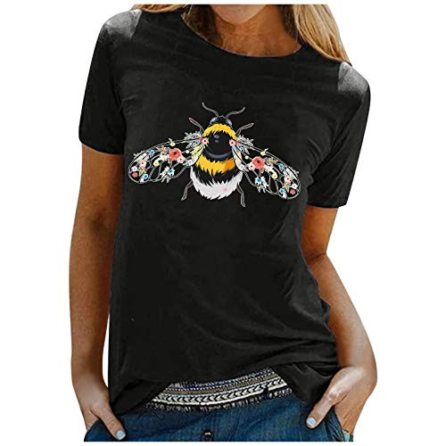 RusKVT Women's Tops Bee Print O Neck Short Sleeve Shirts Comfy Casual Basic Blouse Pullover -BlackXXL-