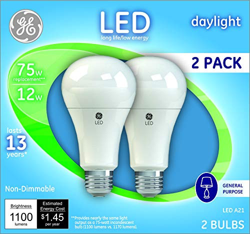 GE Lighting 21758 Light Bulb General Purpose Daylight A21 LED 12 (75-Watt Replacement), 1100-Lumen Medium Base, 2-Pack