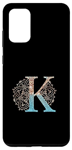Galaxy S20 plus Teal Blue Mandala with Letter K Monogram Initial on Black Case