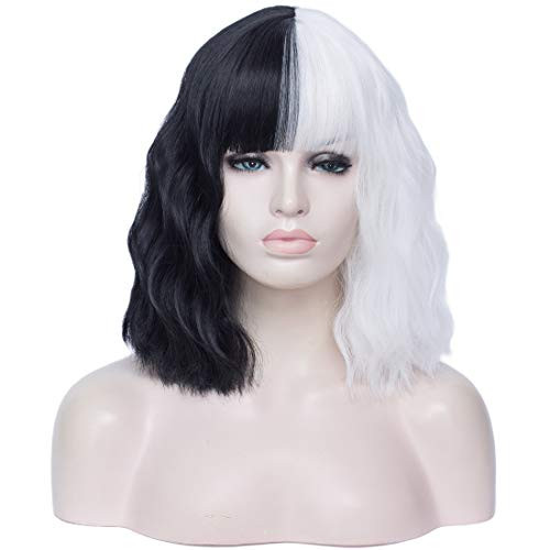 SL Short Black and White Bob Wig with Bangs Curly Wavy Half and Half Lolita Gothic Cosplay Halloween Party Wigs for Women  and  Girls with Cap - 14 inches