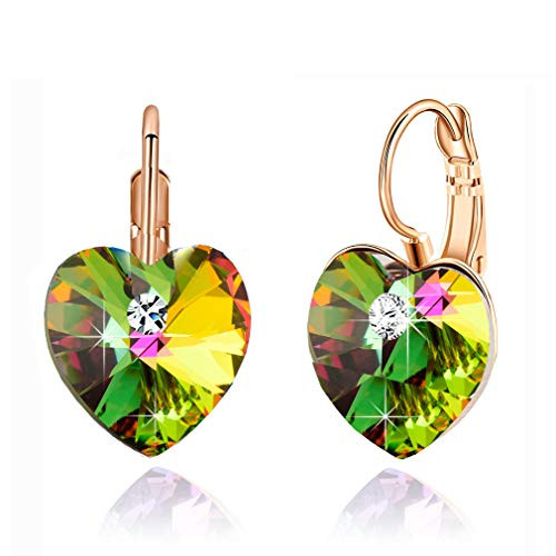 Swarovski Crystal Heart Drop Leverback Earrings for Women 14K Rose Gold Plated Hypoallergenic Jewelry -Vitrail Medium-