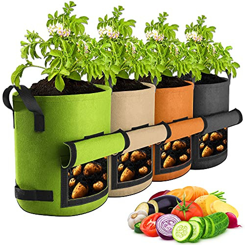?4 Pack 7 Gallon? Potato Grow Bags Suntee Plant Grow Bags Heavy Duty Thickened Nonwoven Fabric Growing Bags Planting Pots Container Garden Vegetable Tomato Planter with Handles and Large Window