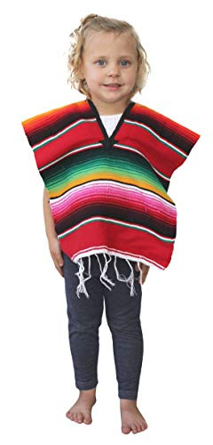 Del Mex Youth Kids Child Mexican Serape Poncho Costume -Red Ages 11-14-
