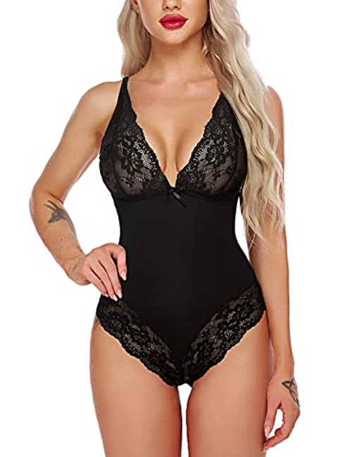 Avidlove Women Lingerie Bodysuit Snap Crotch Teddy One Piece Babydoll -BlackL-