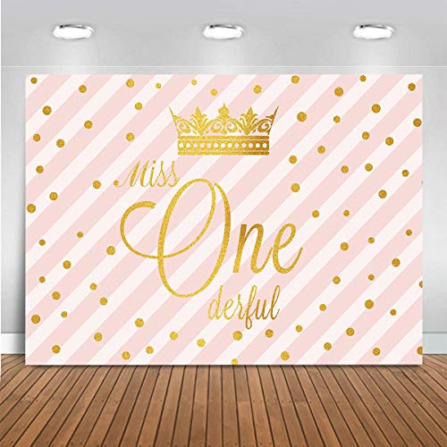 Mocsicka First Birthday Backdrop for Girl Miss Onederful 1st Birthday Party Banner Strip and Gold Dots Photography Background Vinyl Pink Princess 1 Year Old Cake Table Banner -7x5ft- Mocsicka First Birthday Backdrop for Girl Miss Onederful 1st Birthday Party Banner Strip and Gold Dots Photography Background Vinyl Pink Princess 1 Year Old Cake Table Banner -7x5ft-