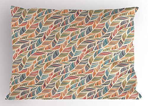 Ambesonne Boho Pillow Sham Abstract Feather Wave Pattern with Retro Look and Colorful Short Lines Curves Decorative Standard Queen Size Printed Pillowcase 30" X 20" Pastel Ivory